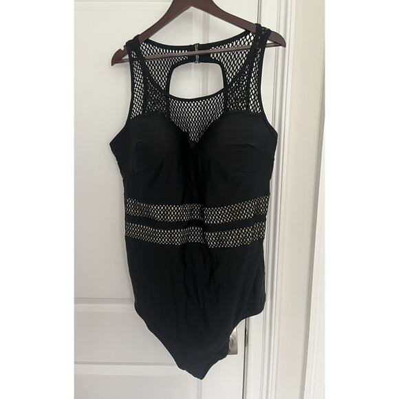 Cacique women’s Swimsuit Size 28 One Piece Black Nude Mesh NWT - Picture 3 of 10